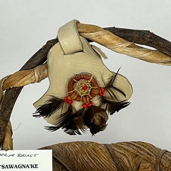 Native American Sioux Dream Gathering Handled Basket Woven Fur Feathers - Picture 3 of 10